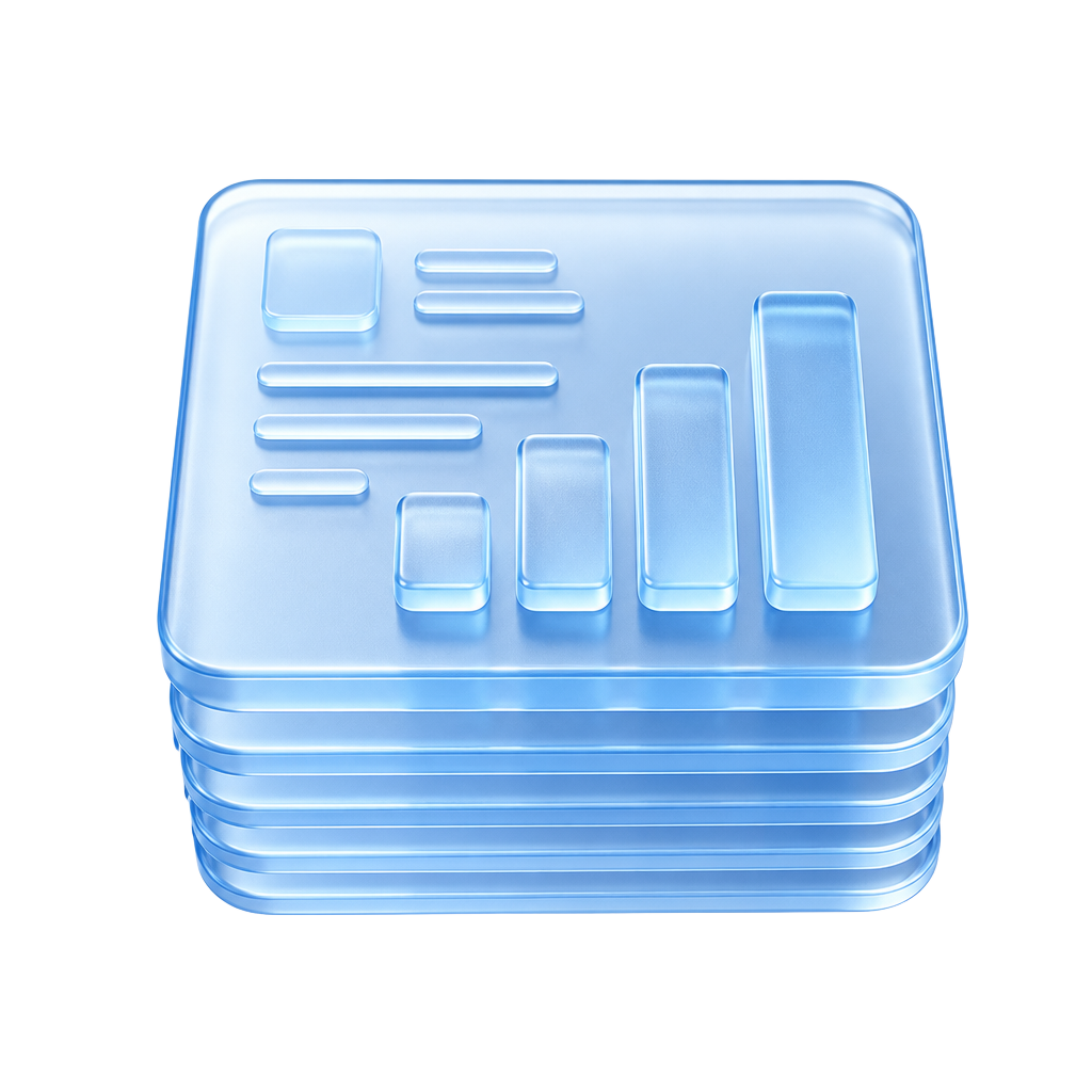 Glass illustration of stacked ledger cards with a bar chart