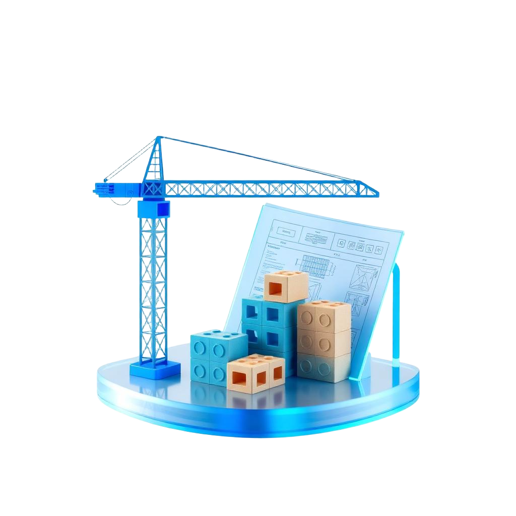 Glass illustration of a tower crane above building blocks and a blueprint