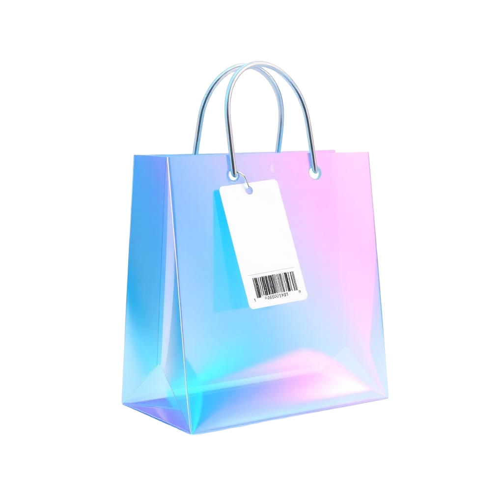 Glass illustration of a shopping bag with a barcode price tag