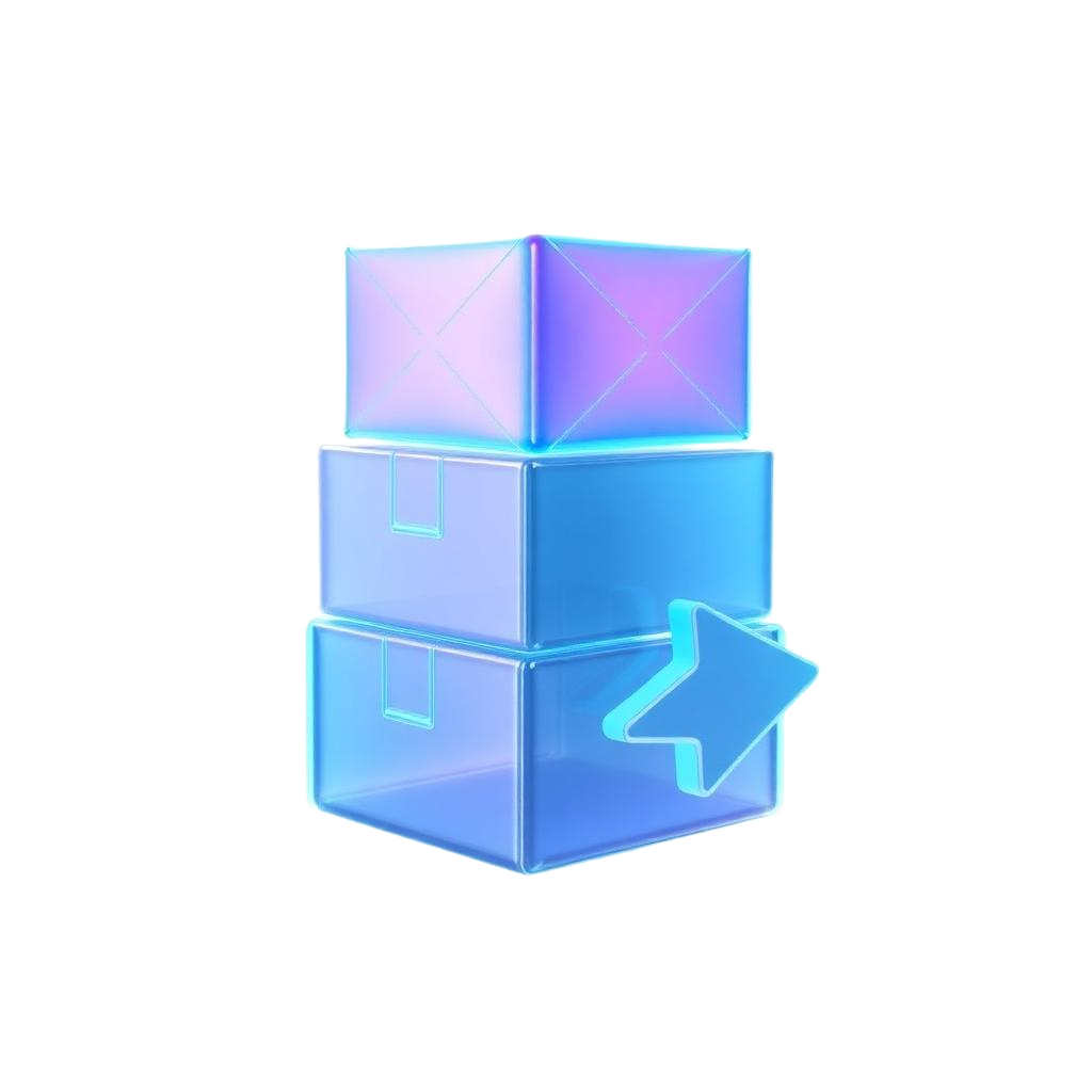 Glass illustration of stacked shipping cartons with a routing arrow