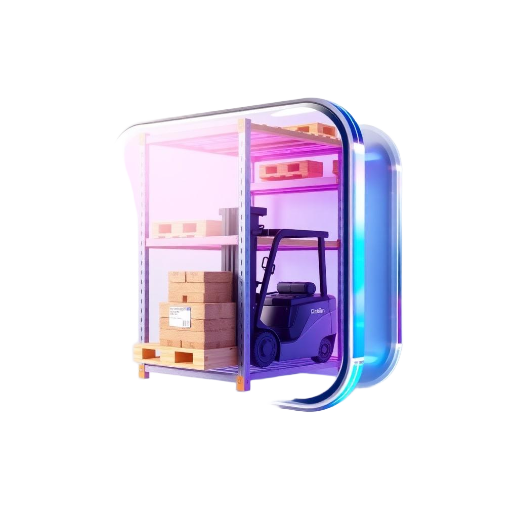 Glass illustration of a pallet rack with a forklift